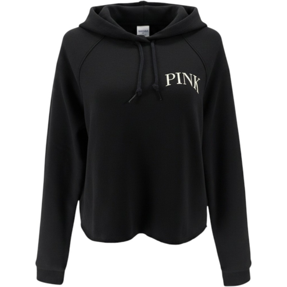 Pink Women's Raw Edge Hem Cropped Everyday Fleece Pullover Hoodie Black Size L